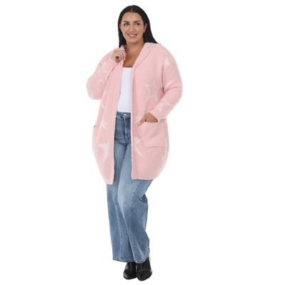 White Mark Women's Plus Size Star Print Hooded Plush Hooded Cardigan, Pink