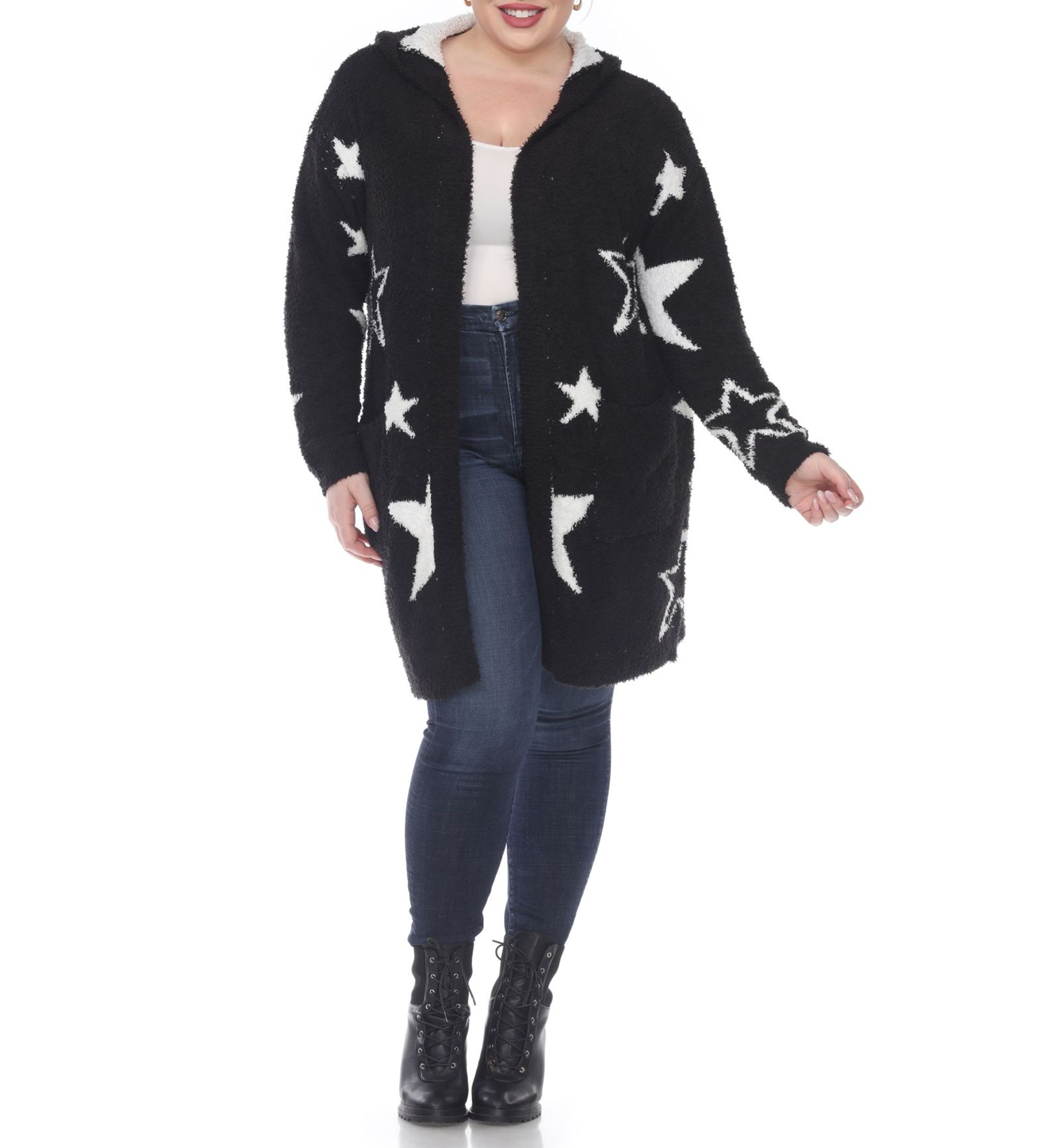 Plus Hooded Open Front Sherpa Coat