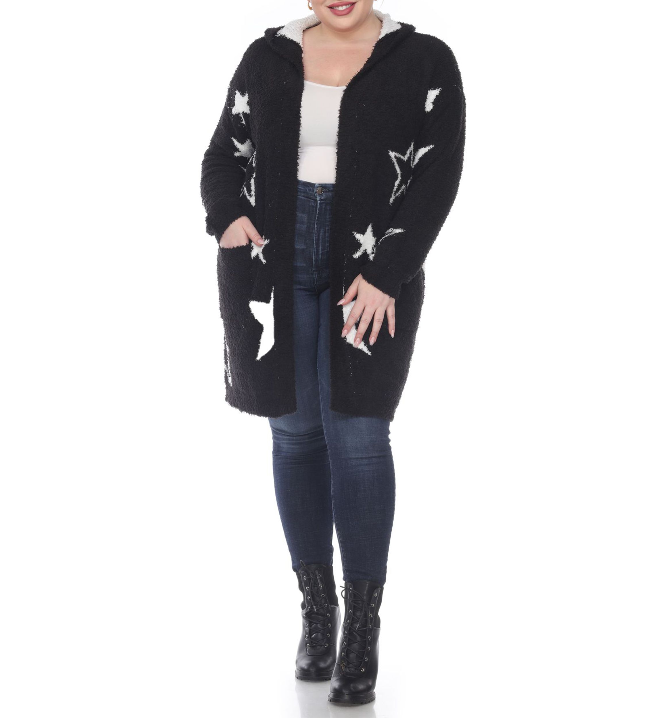 Plus Hooded Open Front Sherpa Coat