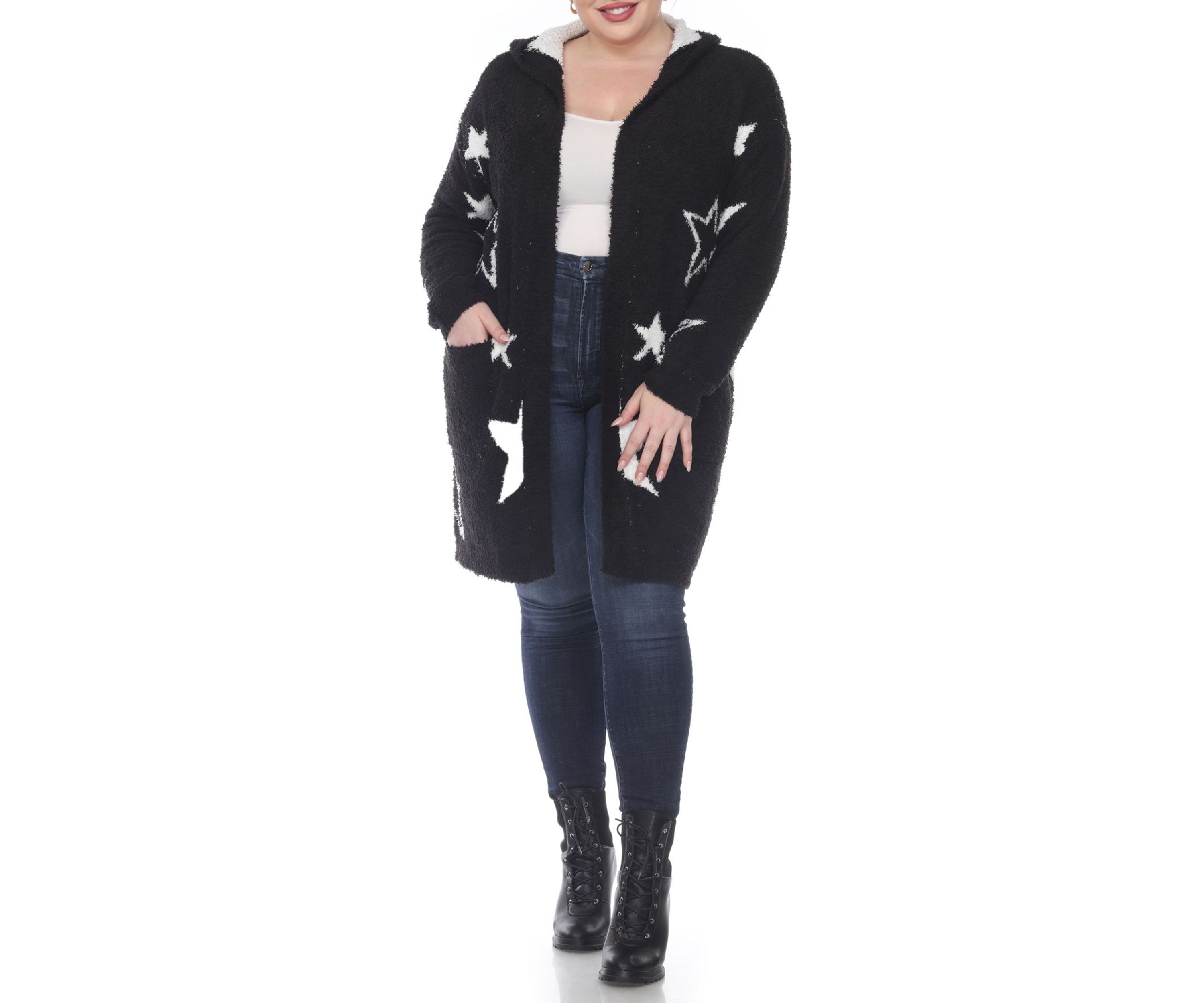 Plus Hooded Open Front Sherpa Coat