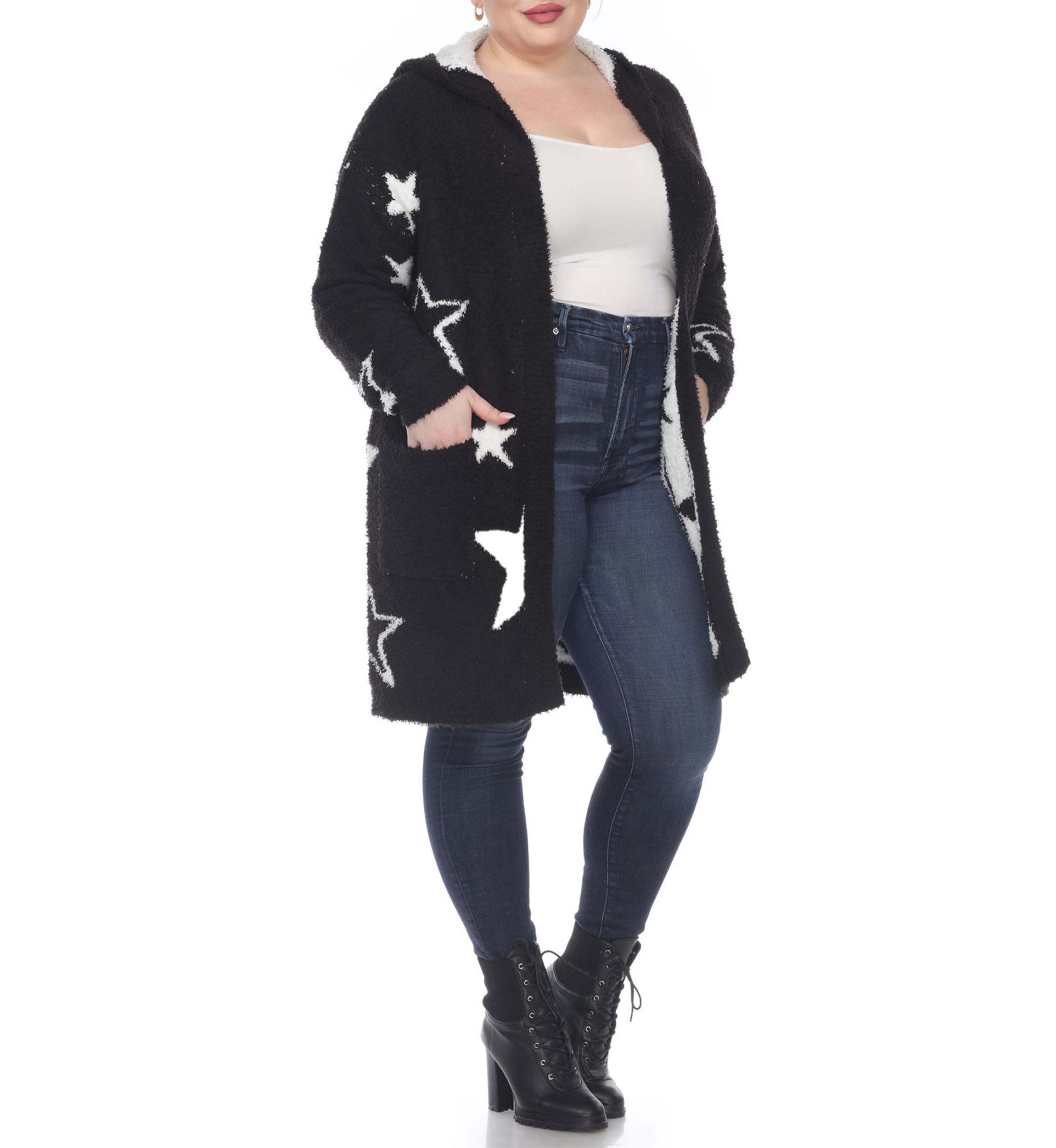 Plus Hooded Open Front Sherpa Coat
