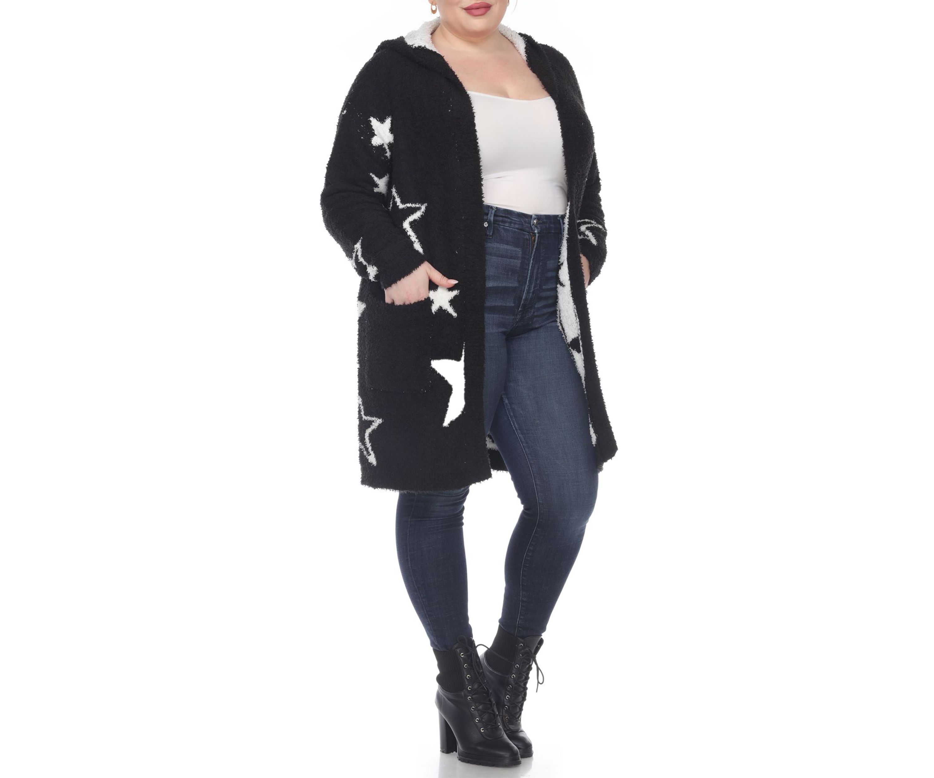 Plus Hooded Open Front Sherpa Coat