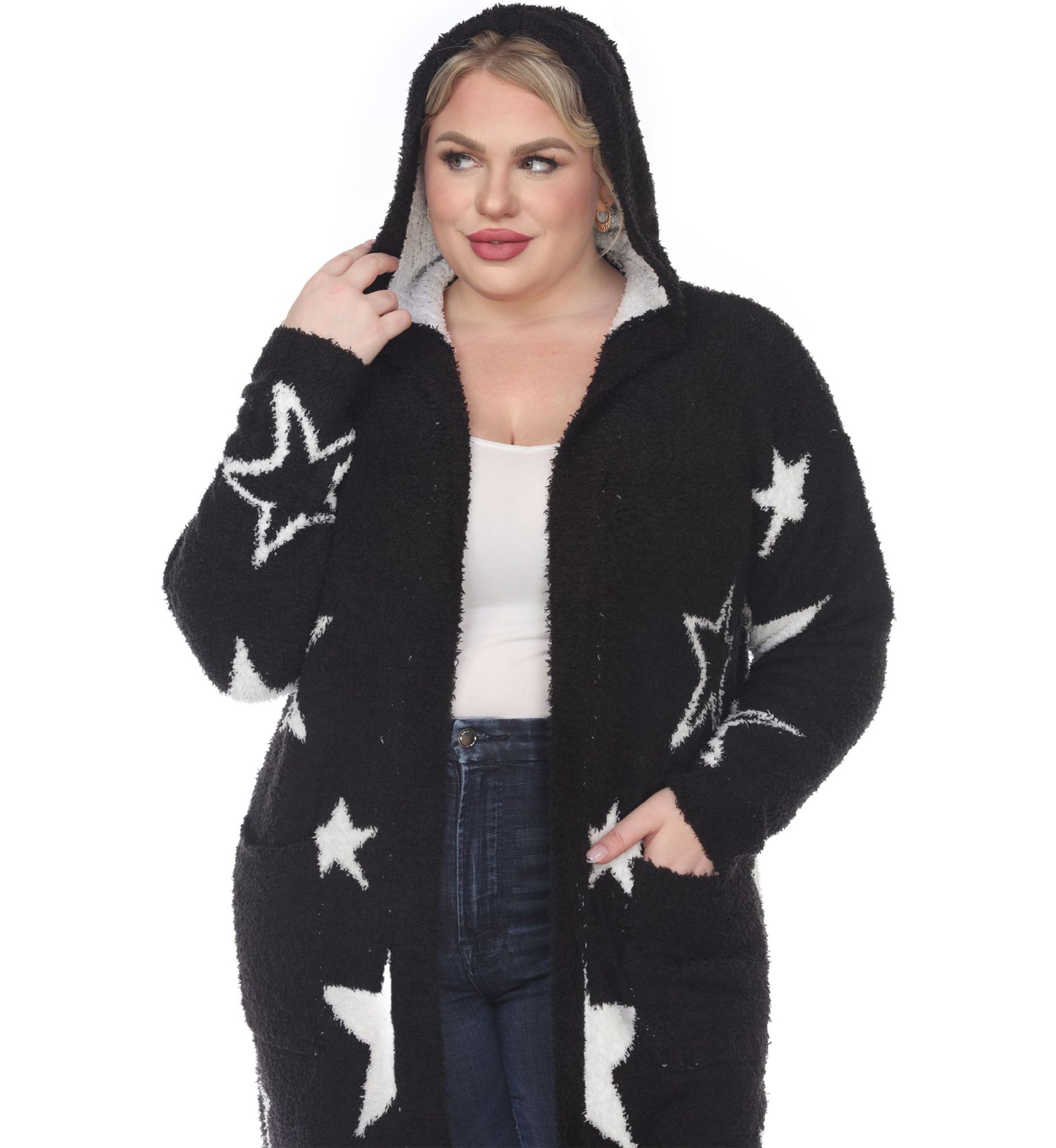 Plus Hooded Open Front Sherpa Coat