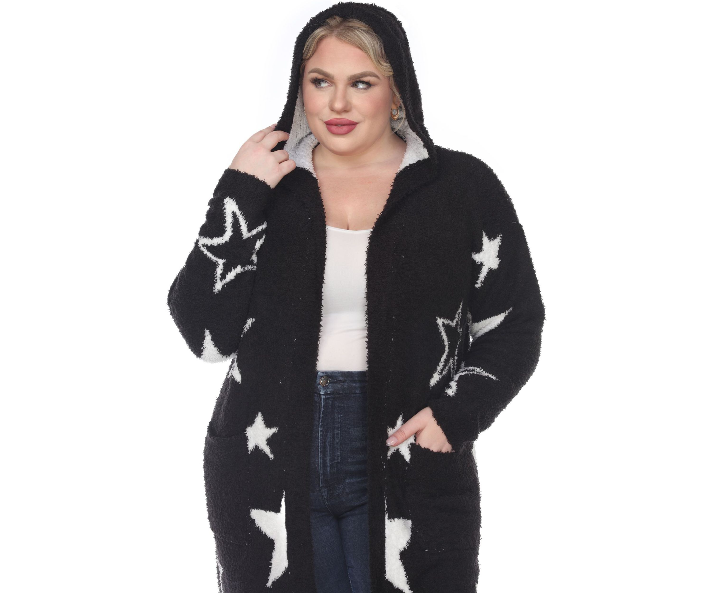 Plus Hooded Open Front Sherpa Coat