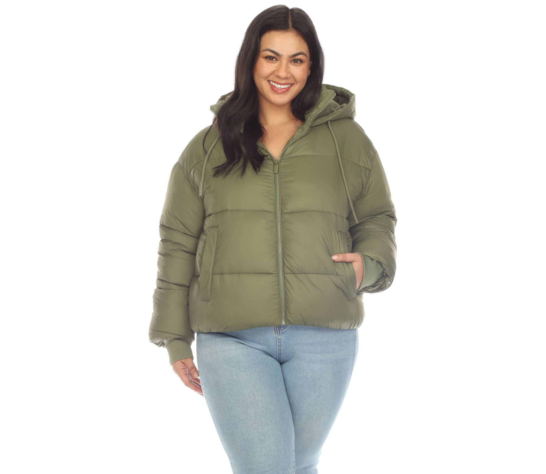 Plus Size Full Front Zip Hooded Bomber Puffer Coat