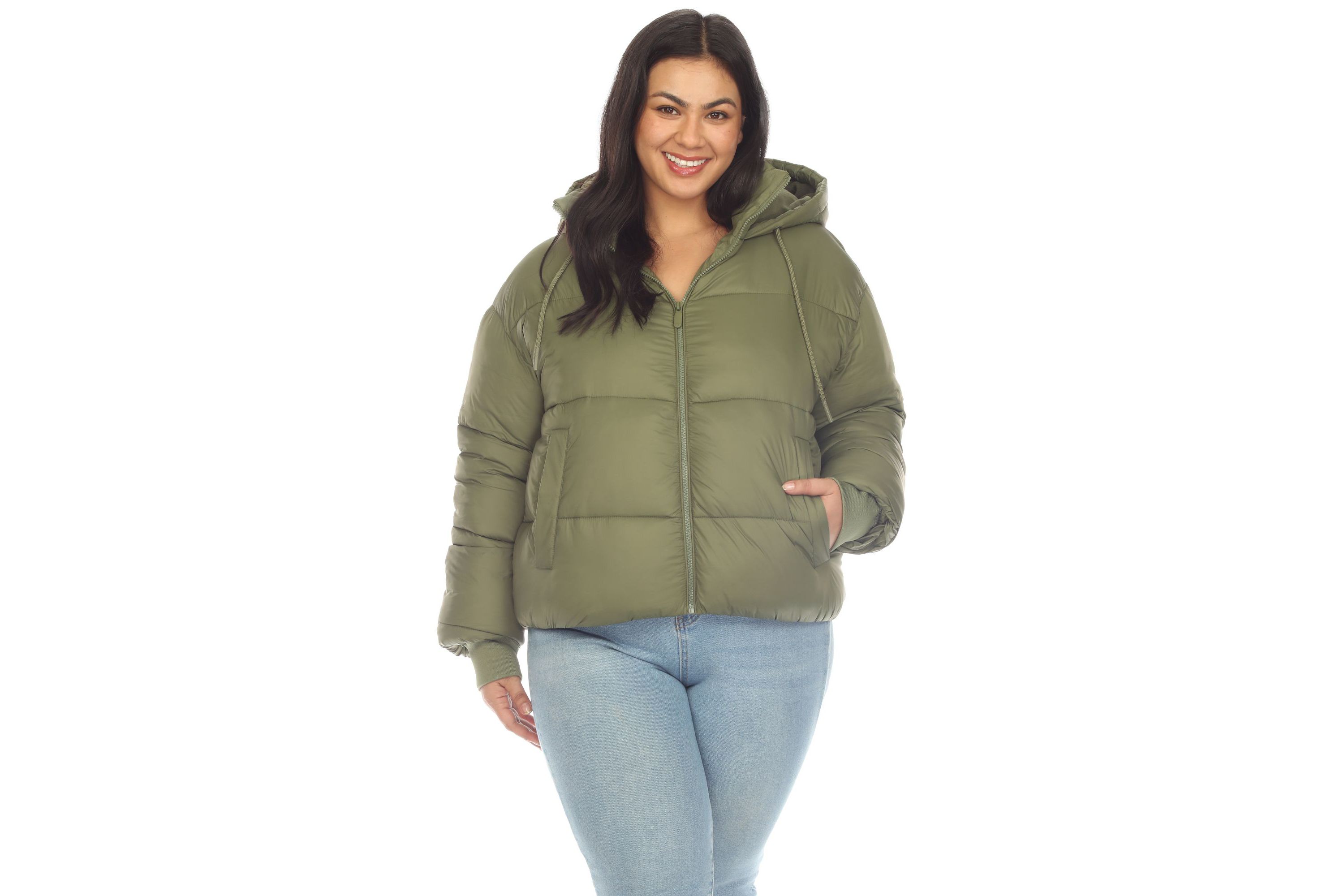Plus Size Full Front Zip Hooded Bomber Puffer Coat