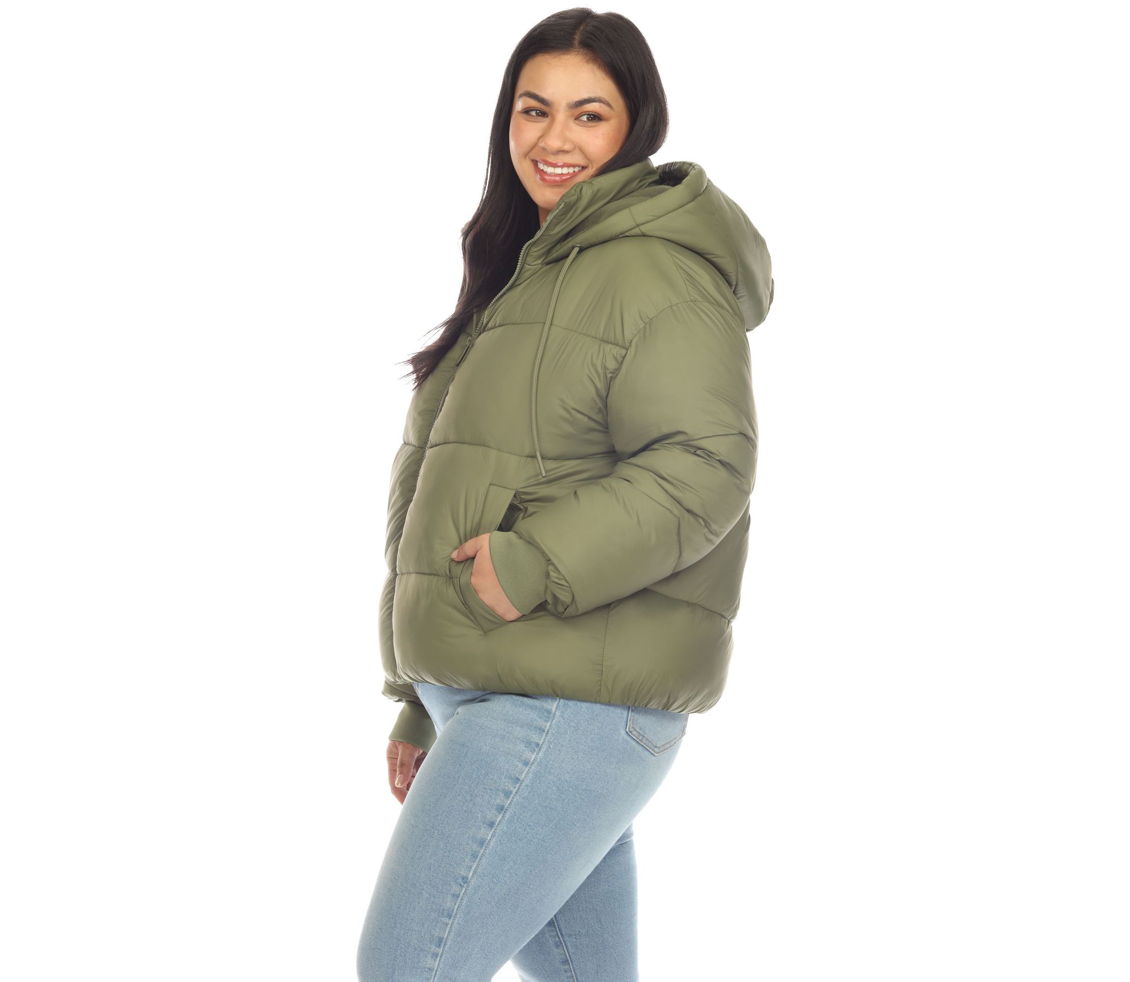 Plus Size Full Front Zip Hooded Bomber Puffer Coat