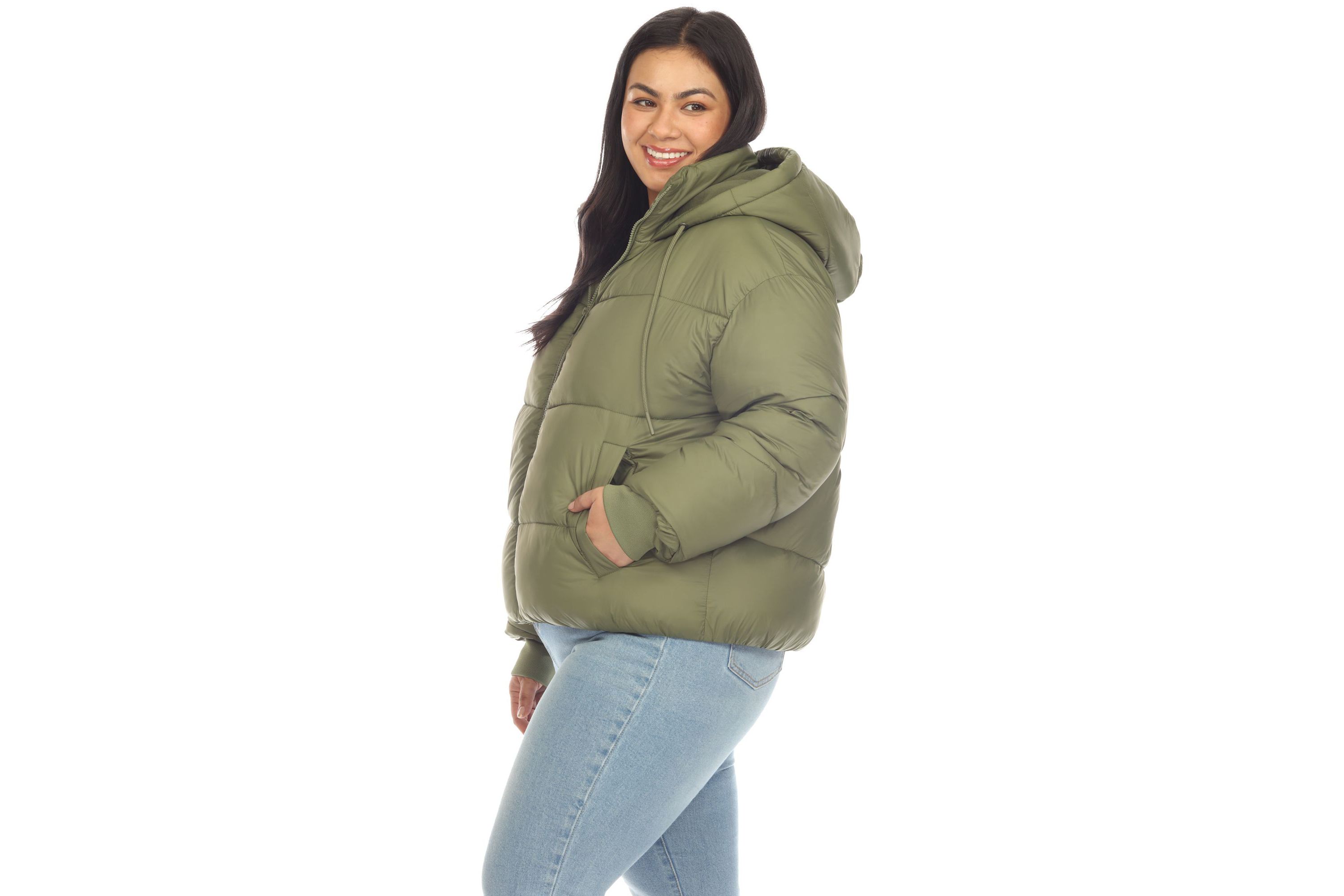 Plus Size Full Front Zip Hooded Bomber Puffer Coat