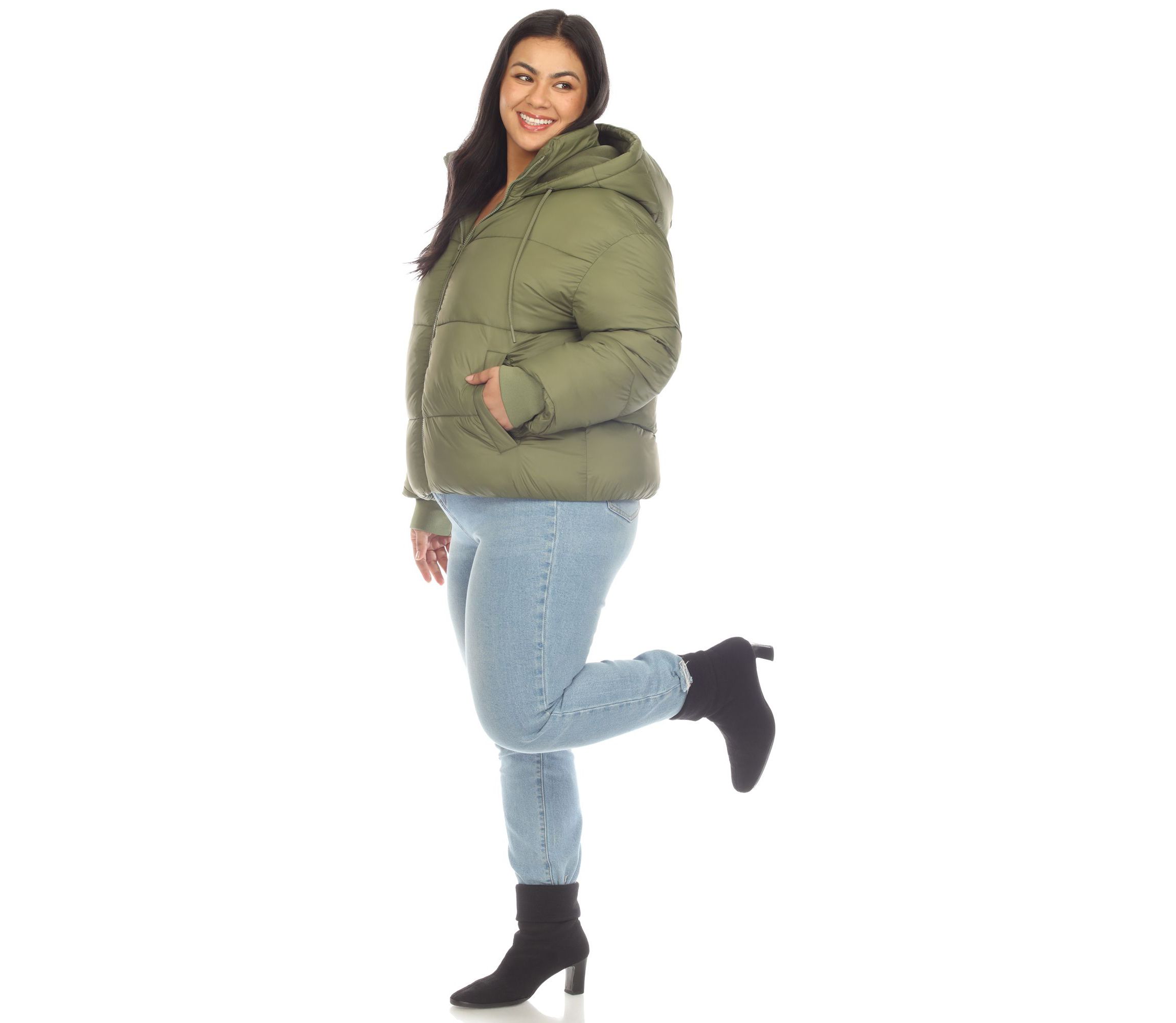 Plus Size Full Front Zip Hooded Bomber Puffer Coat
