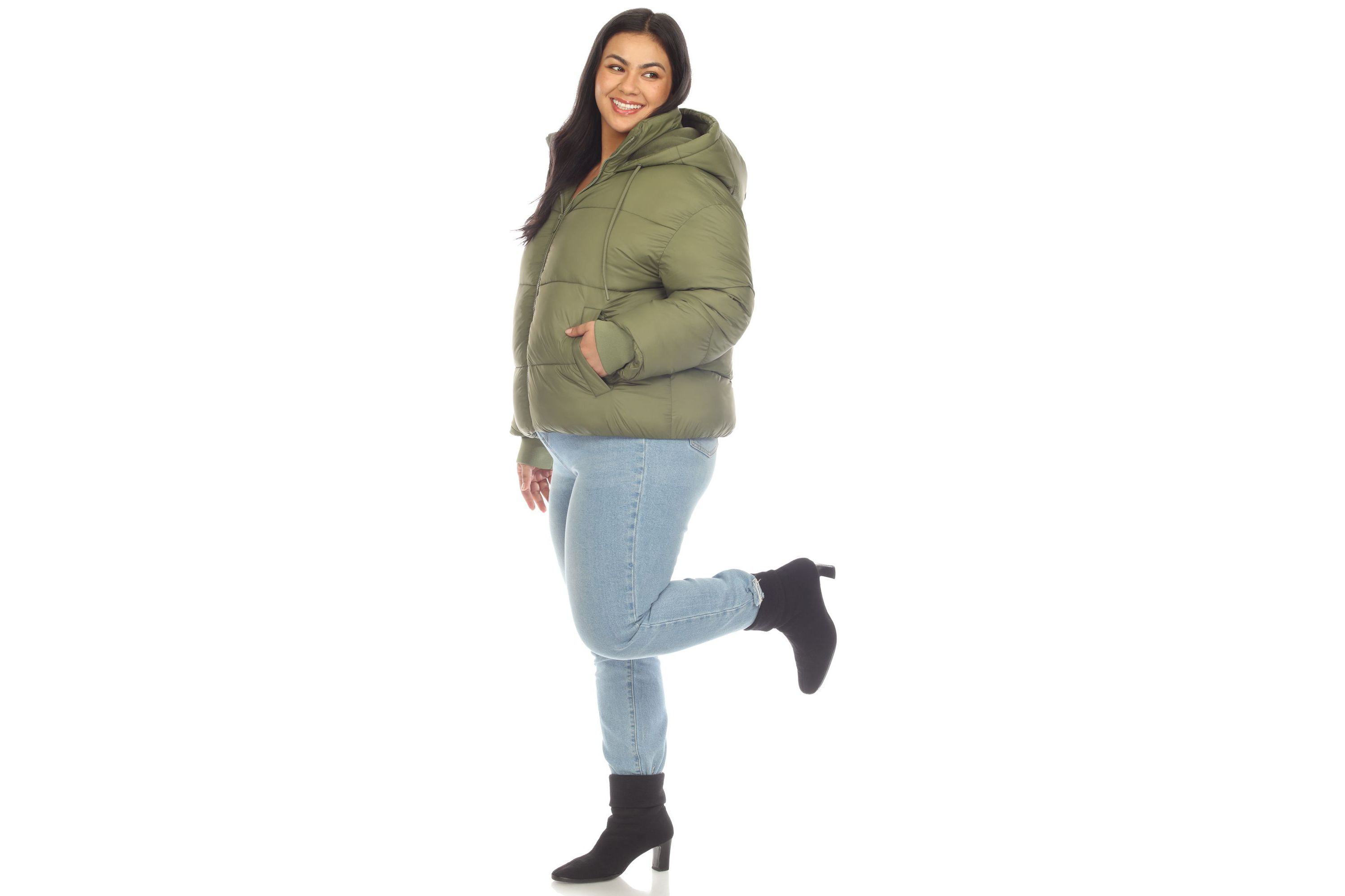 Plus Size Full Front Zip Hooded Bomber Puffer Coat