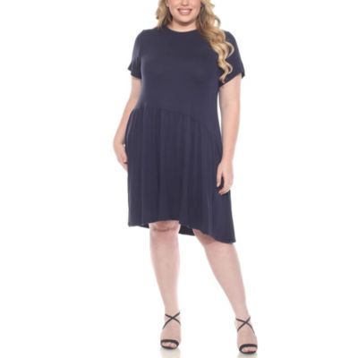 White Mark Women's Plus Size Asymetrical Waist and Short Sleeve Swing Dress, Navy Blue, 3X
