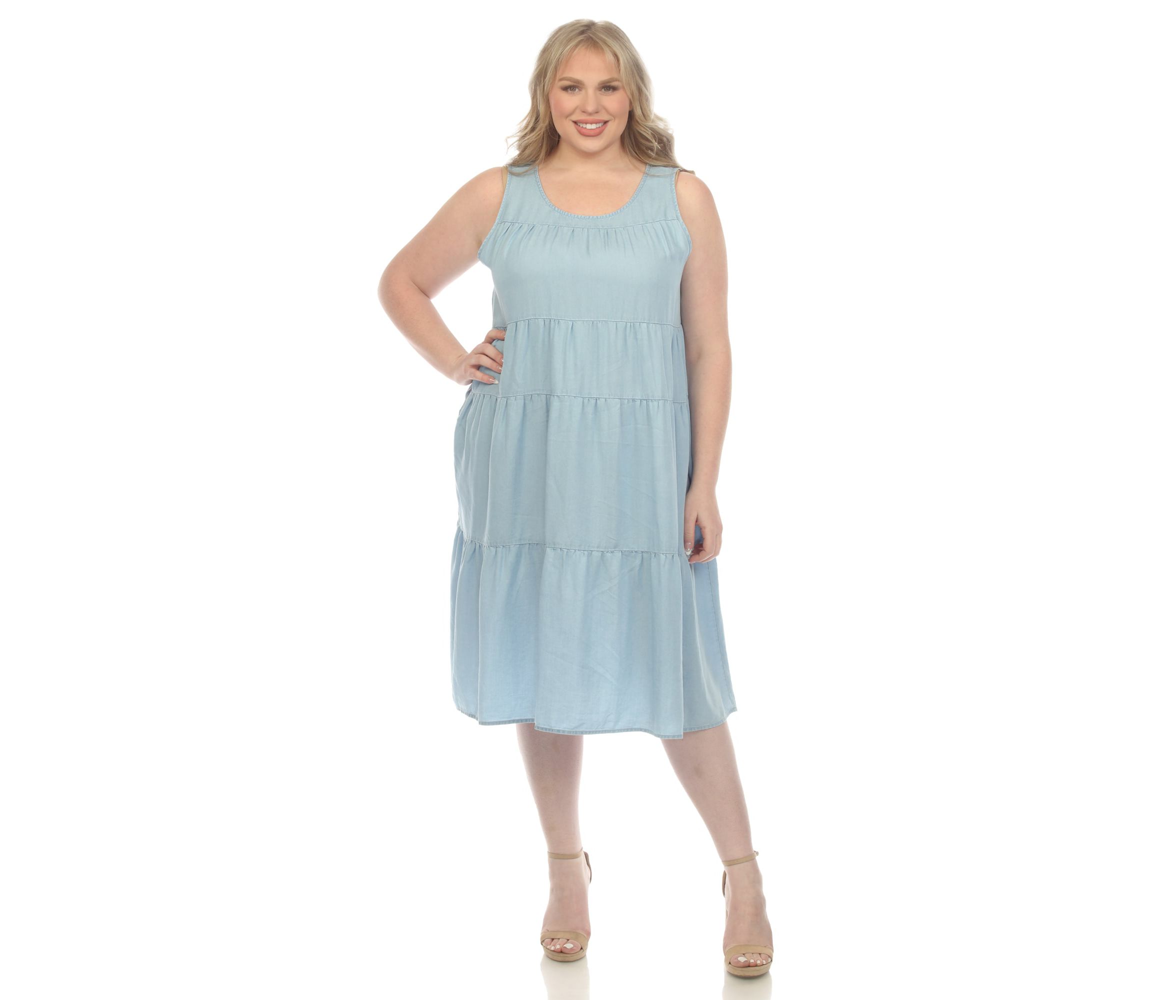 Plus Size Sleeveless Tiered Chambray Midi Dress