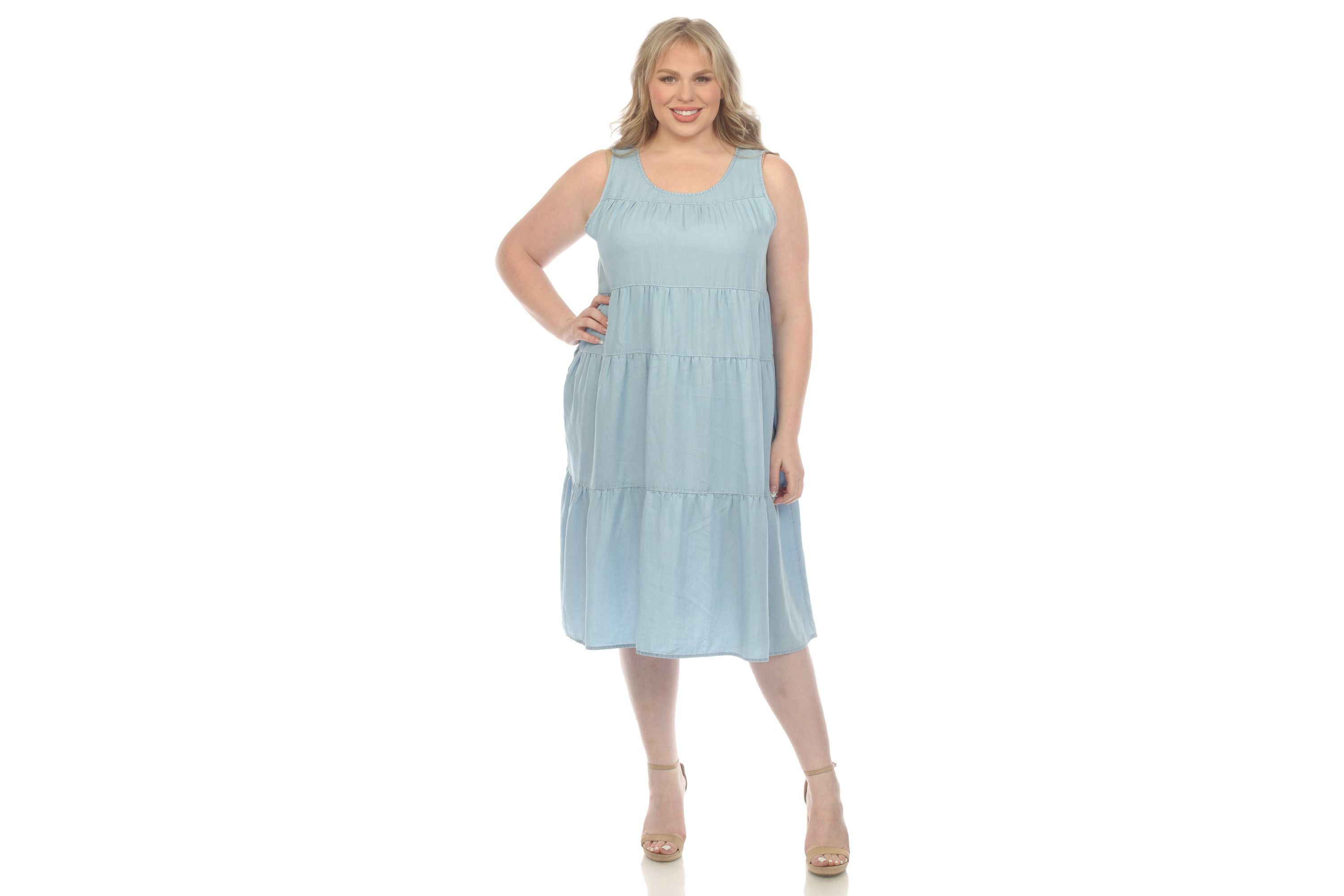 Plus Size Sleeveless Tiered Chambray Midi Dress