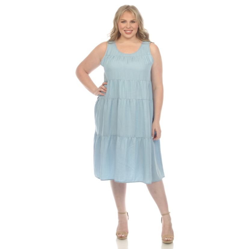 Plus Size Sleeveless Tiered Chambray Midi Dress