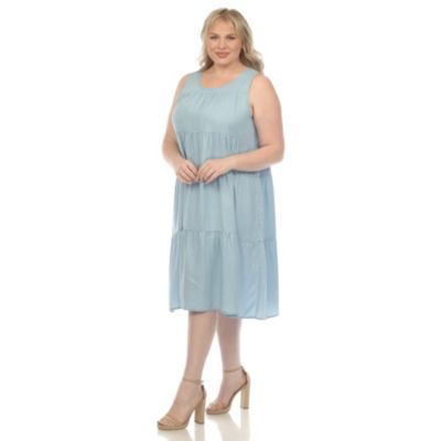 Plus Sleeveless Tiered Chambray Midi Dress