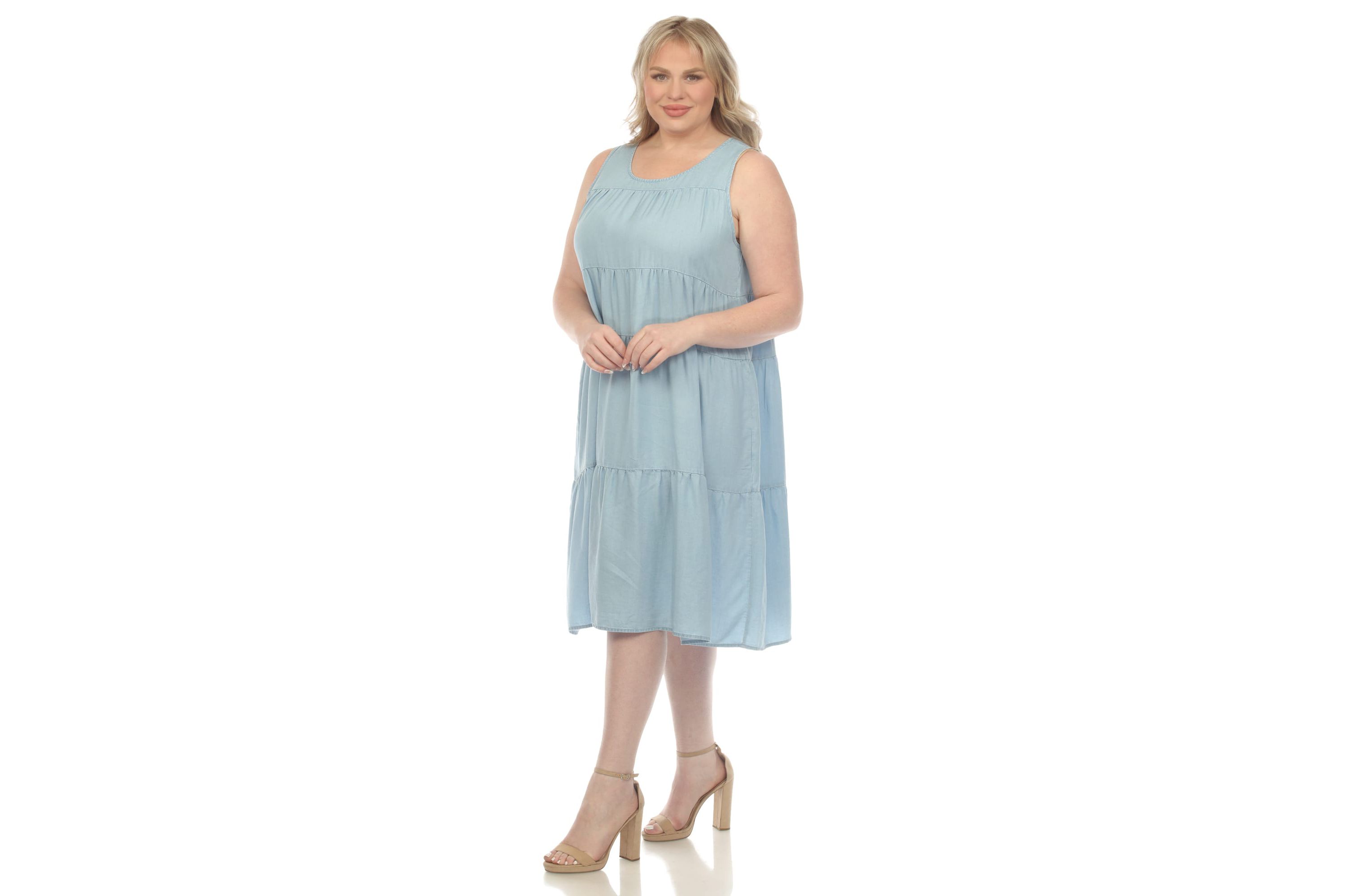 Plus Size Sleeveless Tiered Chambray Midi Dress