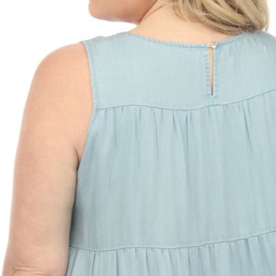 Plus Sleeveless Tiered Chambray Midi Dress