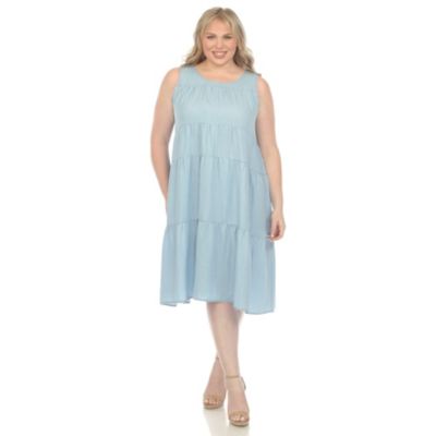 Plus Sleeveless Tiered Chambray Midi Dress