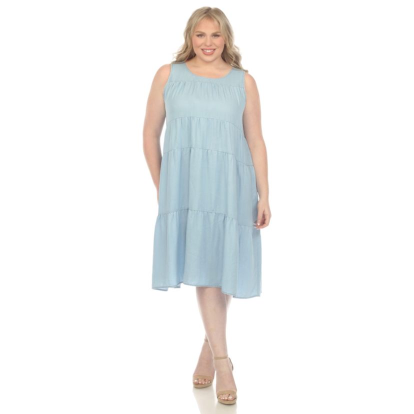 Plus Size Sleeveless Tiered Chambray Midi Dress