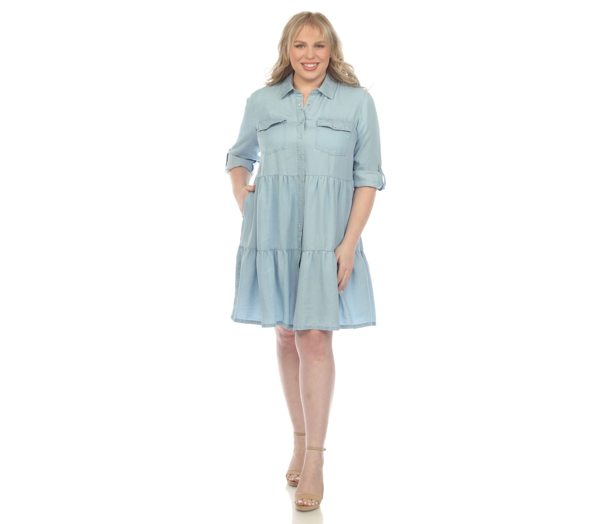 Plus Size Long Sleeve Tiered Midi Shirt Dress