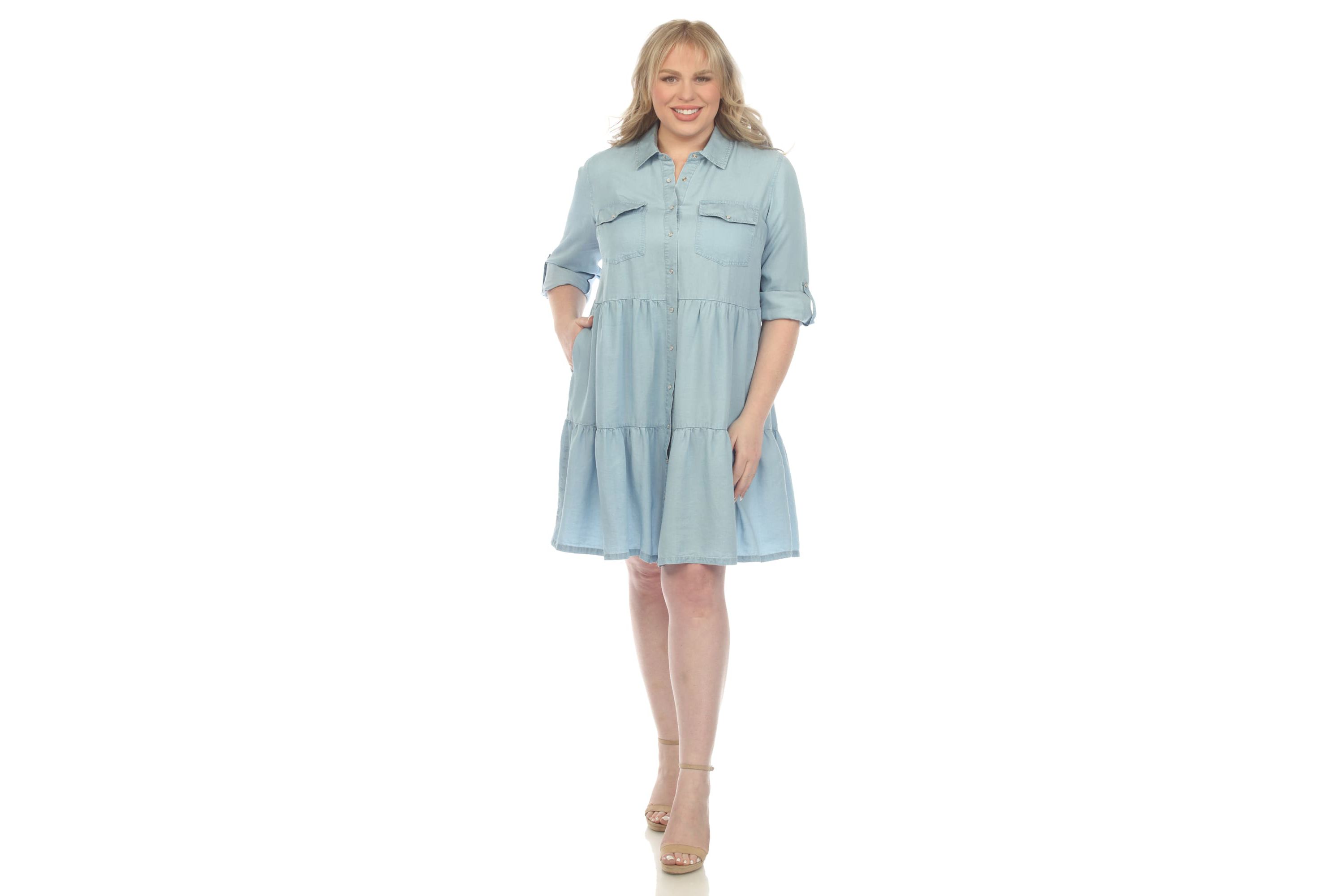 Plus Size Long Sleeve Tiered Midi Shirt Dress
