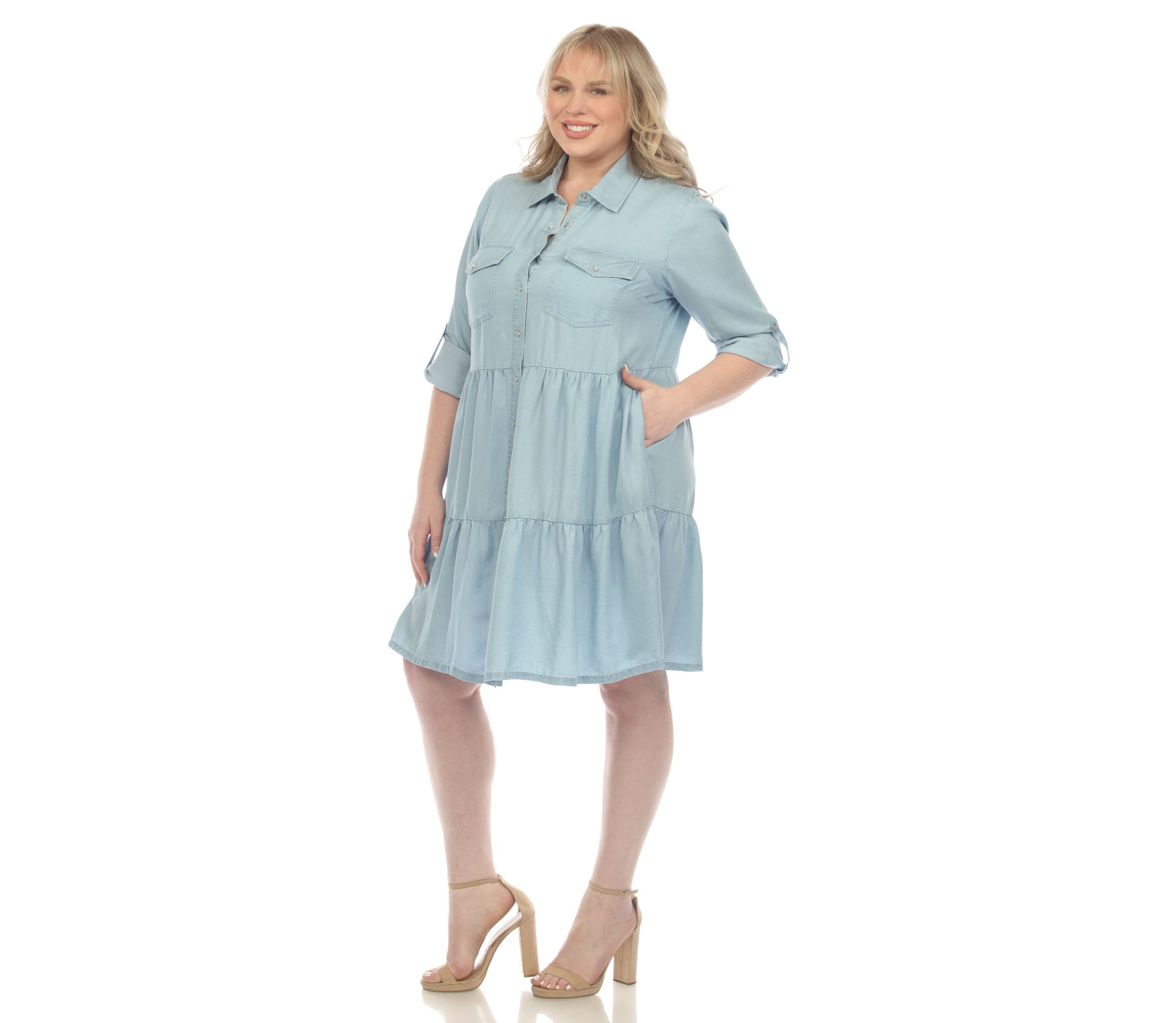 Plus Size Long Sleeve Tiered Midi Shirt Dress