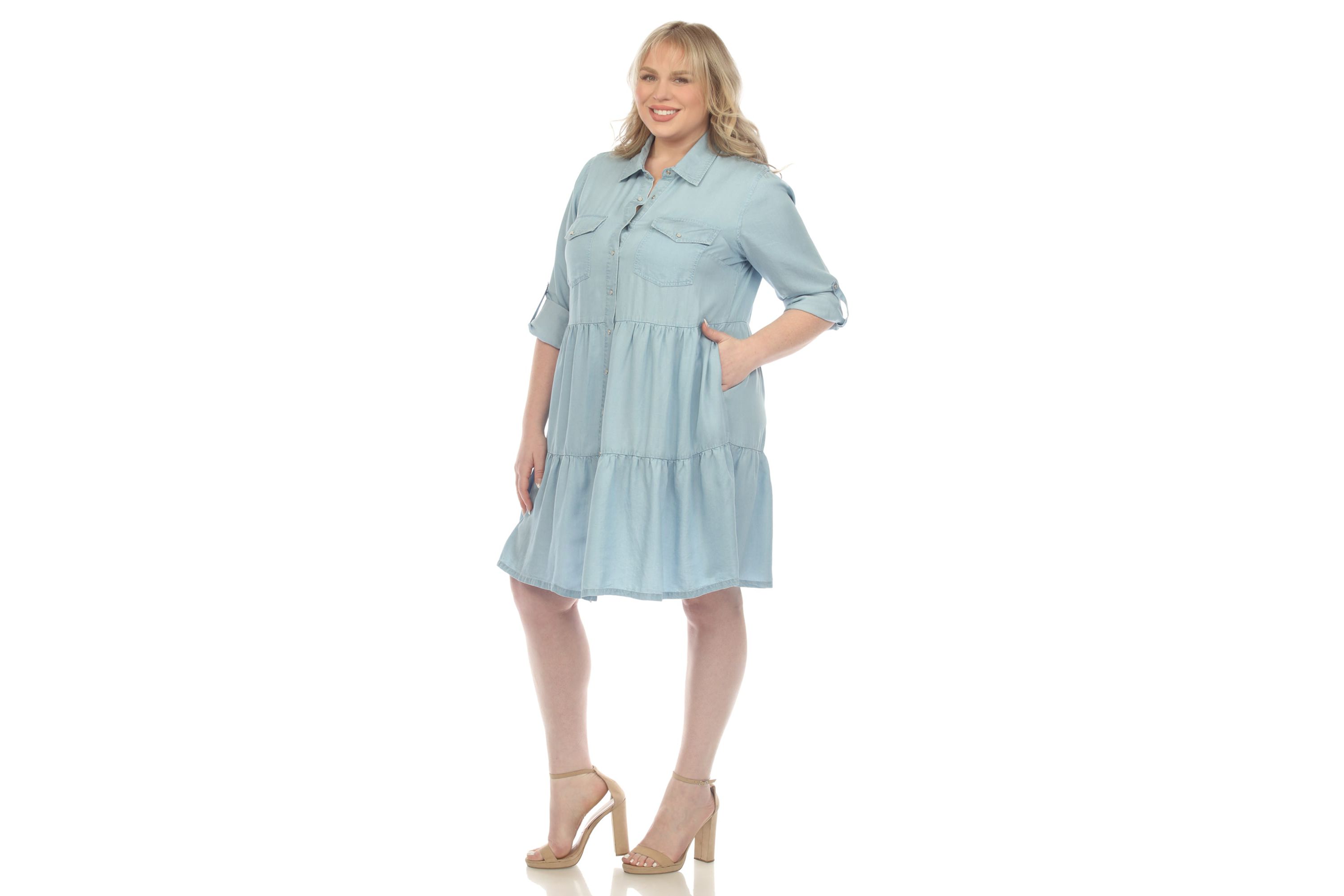 Plus Size Long Sleeve Tiered Midi Shirt Dress