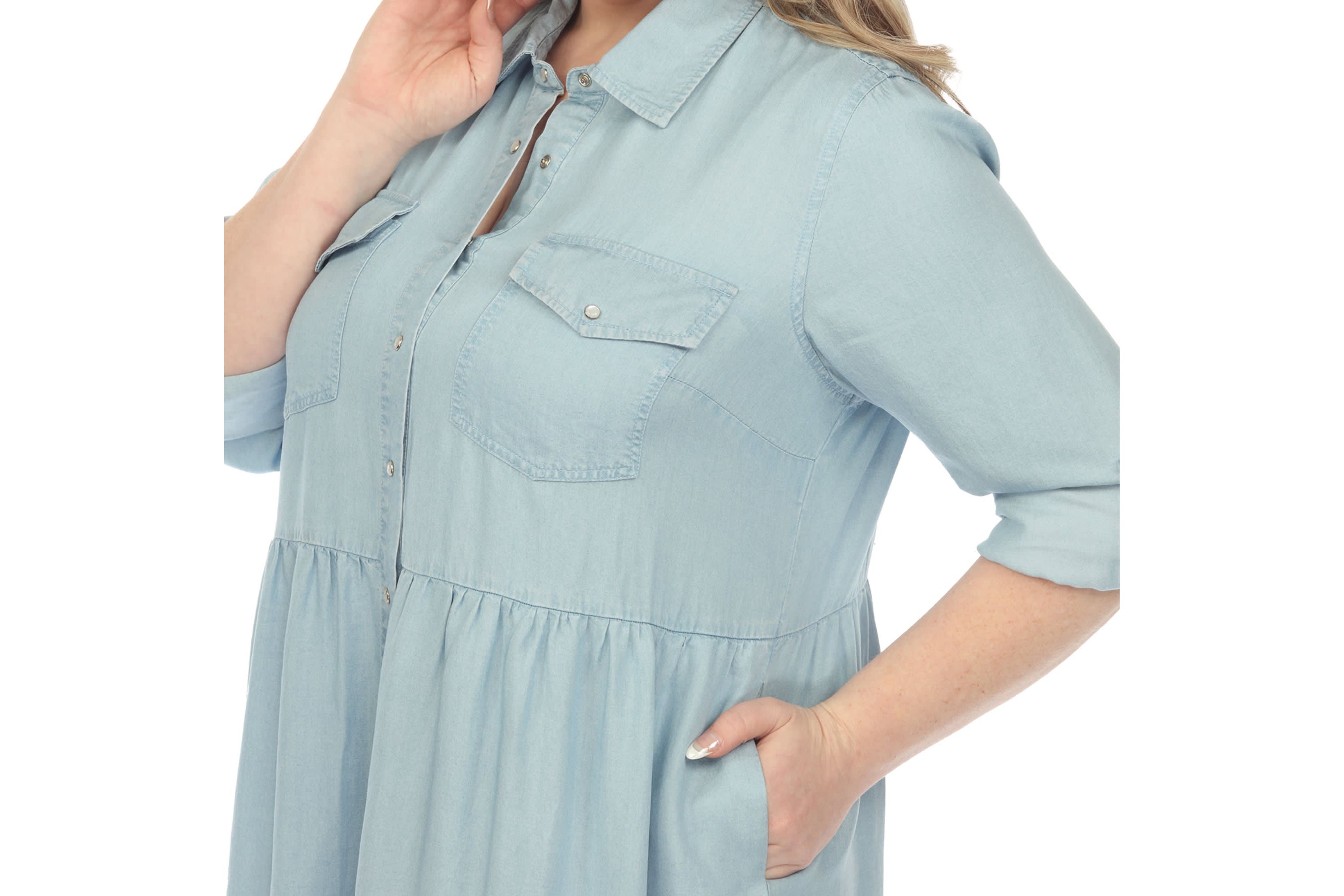 Plus Size Long Sleeve Tiered Midi Shirt Dress
