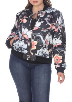 White Mark Women's Plus Size Floral Bomber Jacket, Black, 3X