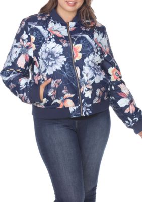 White Mark Women's Plus Size Floral Bomber Jacket, Navy Blue, 3X
