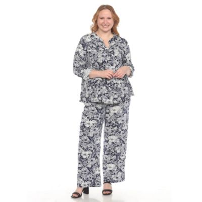 White Mark Women's Plus Size 2-Piece Floral Print Tunic and Pant Set, Navy Blue, 1X