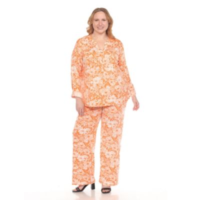 White Mark Women's Plus Size 2-Piece Floral Print Tunic and Pant Set, Orange, 3X