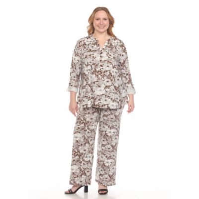 White Mark Women's Plus Size 2-Piece Floral Print Tunic and Pant Set, Brown, 1X