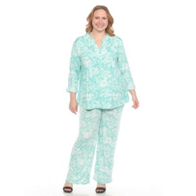 White Mark Women's Plus Size 2-Piece Floral Print Tunic and Pant Set