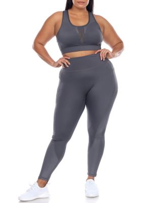 White Mark Women's Plus Size Racer Back Sports Bra & Mesh Leggings Set, Grey, 3X