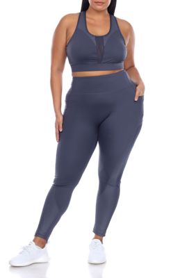 White Mark Women's Plus Size Racer Back Sports Bra & Mesh Leggings Set, Blue, 2X