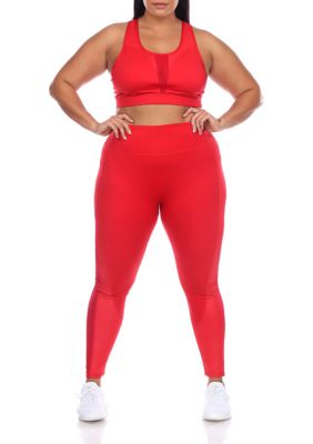 White Mark Women's Plus Size Racer Back Sports Bra & Mesh Leggings Set, Red, 3X