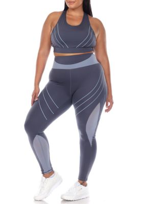 Plus Size Cut Out Back Mesh Sports Bra & Leggings Set - White Mark