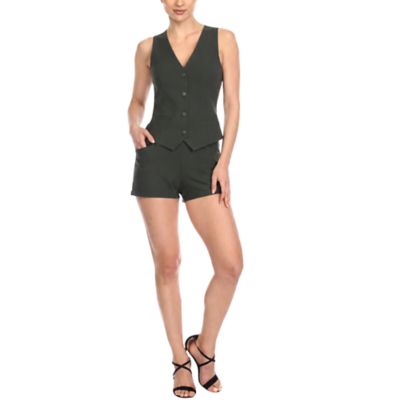 White Mark Women's Tailored Button-Front Vest and Shorts Set, Medium