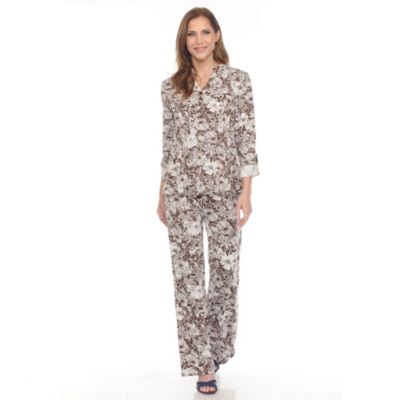 White Mark Women's 2-Piece Floral Print Tunic and Pant Set, Brown, XL
