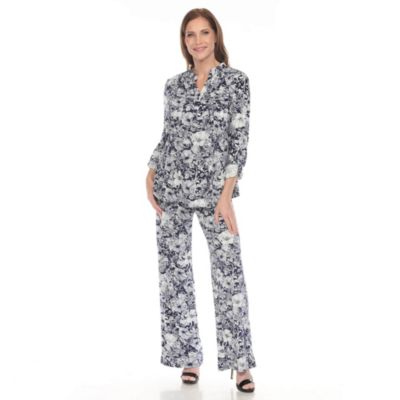 White Mark Women's 2-Piece Floral Print Tunic and Pant Set, Navy Blue, XL