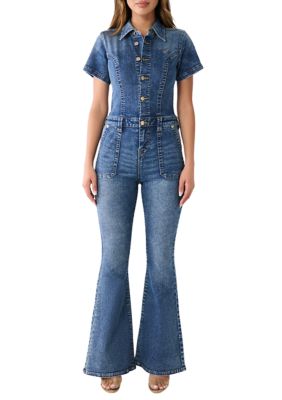 True Religion Women's Denim Short Sleeve Flare Jumpsuit | belk