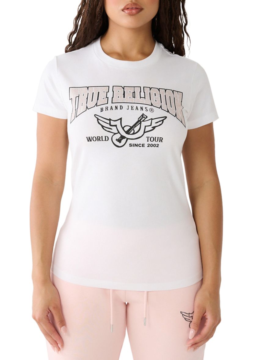 Womens Short Sleeve Retro Crystal Logo Crew T-Shirt