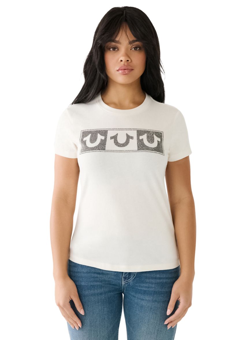 Womens Crystal Box Graphic Slim Crew Neck T-Shirt