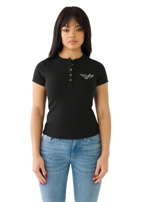 Women's Crystal Horsehoe Wing Rib Henley Top