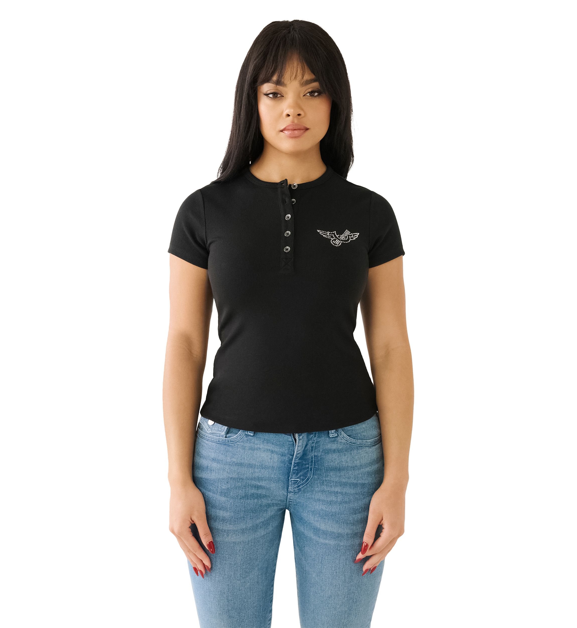Womens Crystal Horsehoe Wing Rib Henley Top
