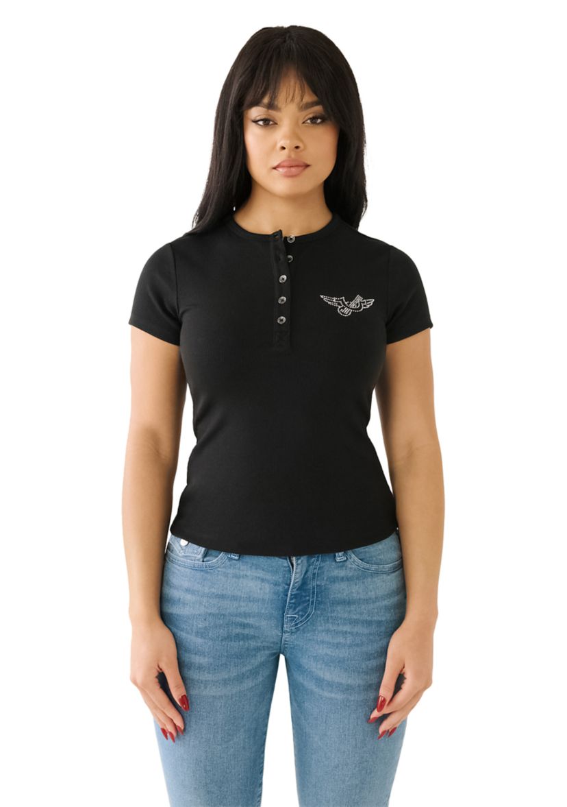 Womens Crystal Horsehoe Wing Rib Henley Top
