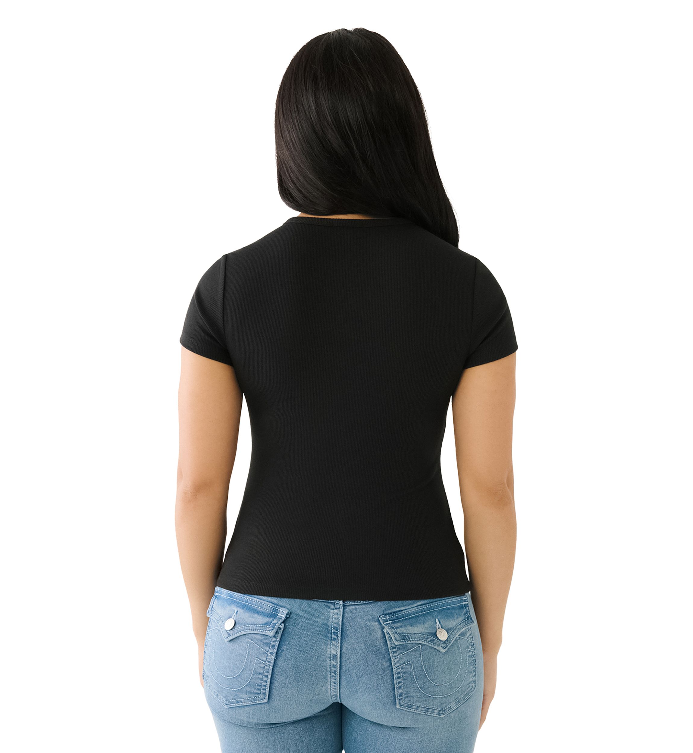 Womens Crystal Horsehoe Wing Rib Henley Top
