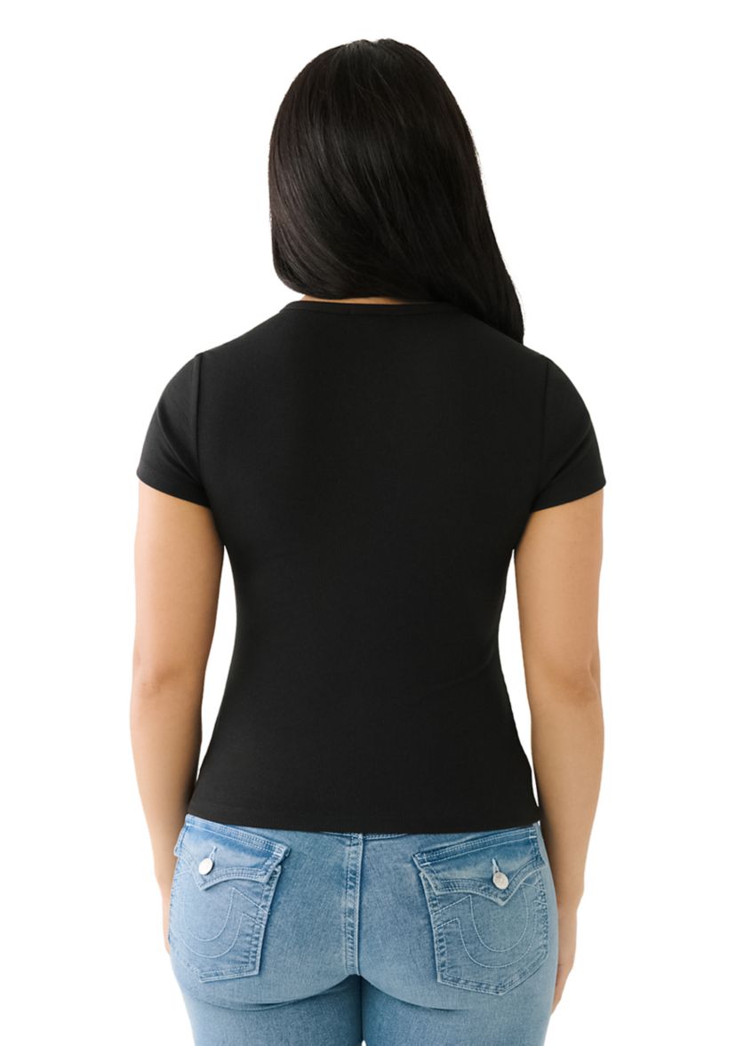 Womens Crystal Horsehoe Wing Rib Henley Top
