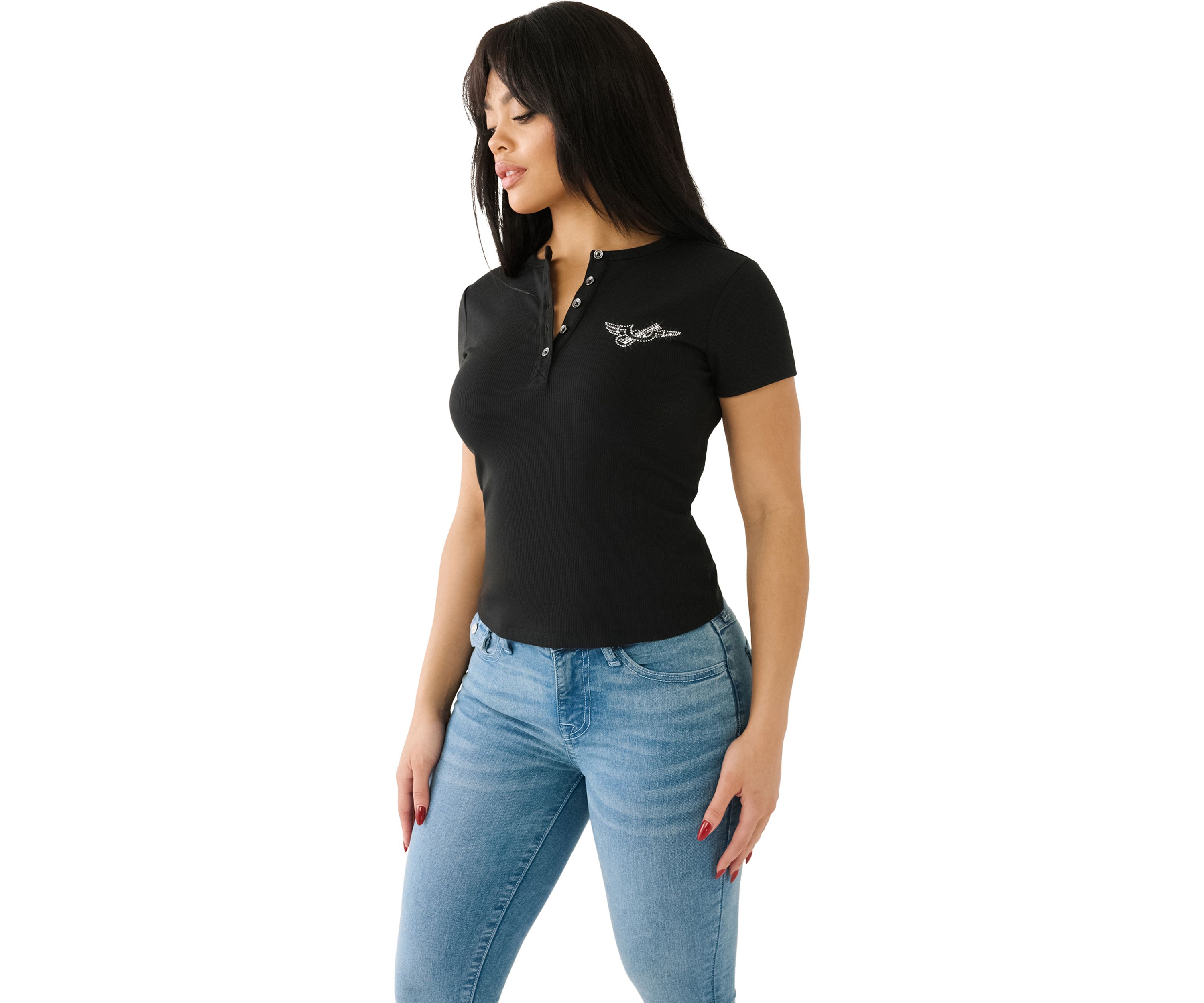 Womens Crystal Horsehoe Wing Rib Henley Top